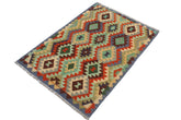 Flat Weave Kilim Antique Navaho Vintage handmade Geometric Kilim Rust Blue Hand-Woven Rectangle 100% Wool Area Rug 3x5